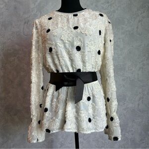 Ivory 3D Floral Textured Polka Dot Peplum Top Sheer Bell Sleeves Blouse- M